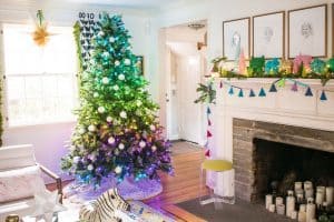 Rainbow Mantel and Christmas Tree with Colored Lights