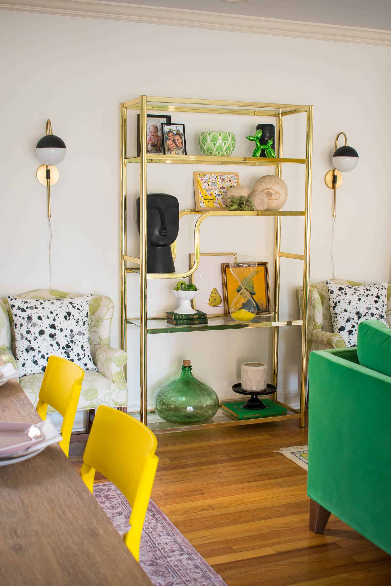 brass shelf in dining room