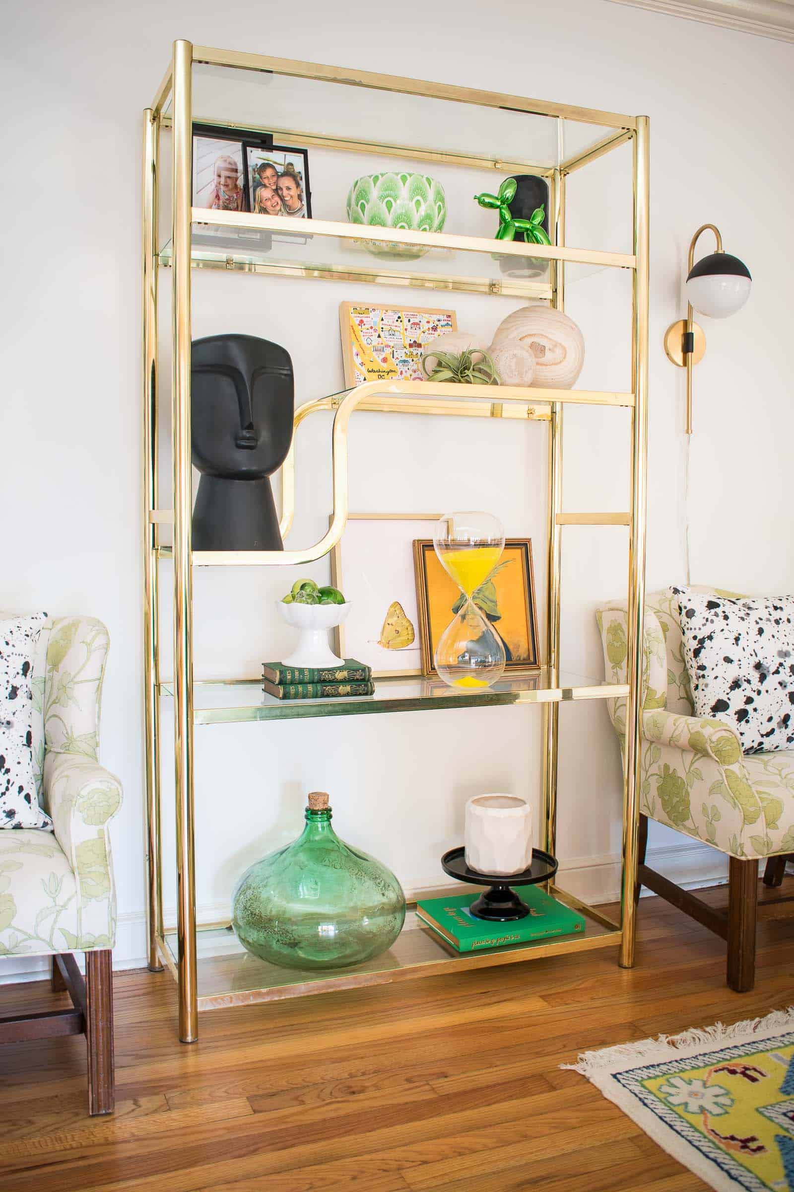 vintage brass shelves in living room