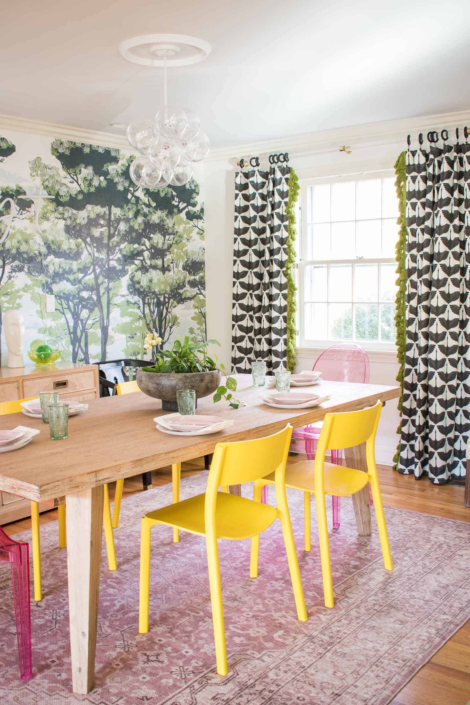 black and white curtains in dining room