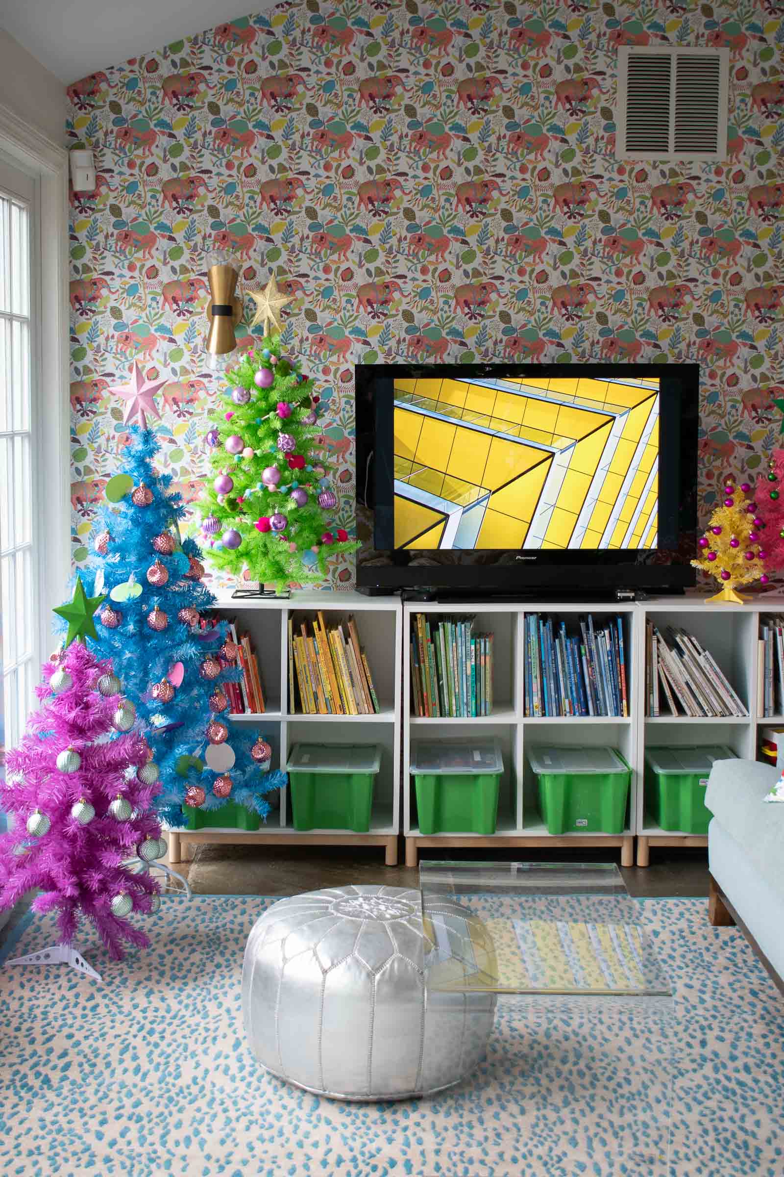 colorful rainbow trees in playroom