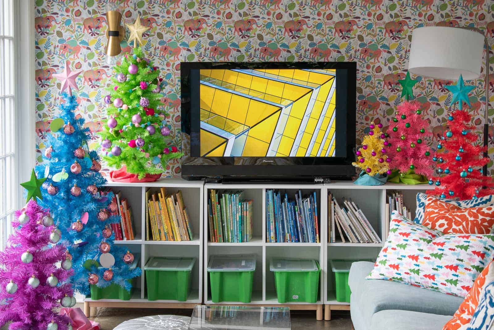 rainbow christmas trees in the kids playroom