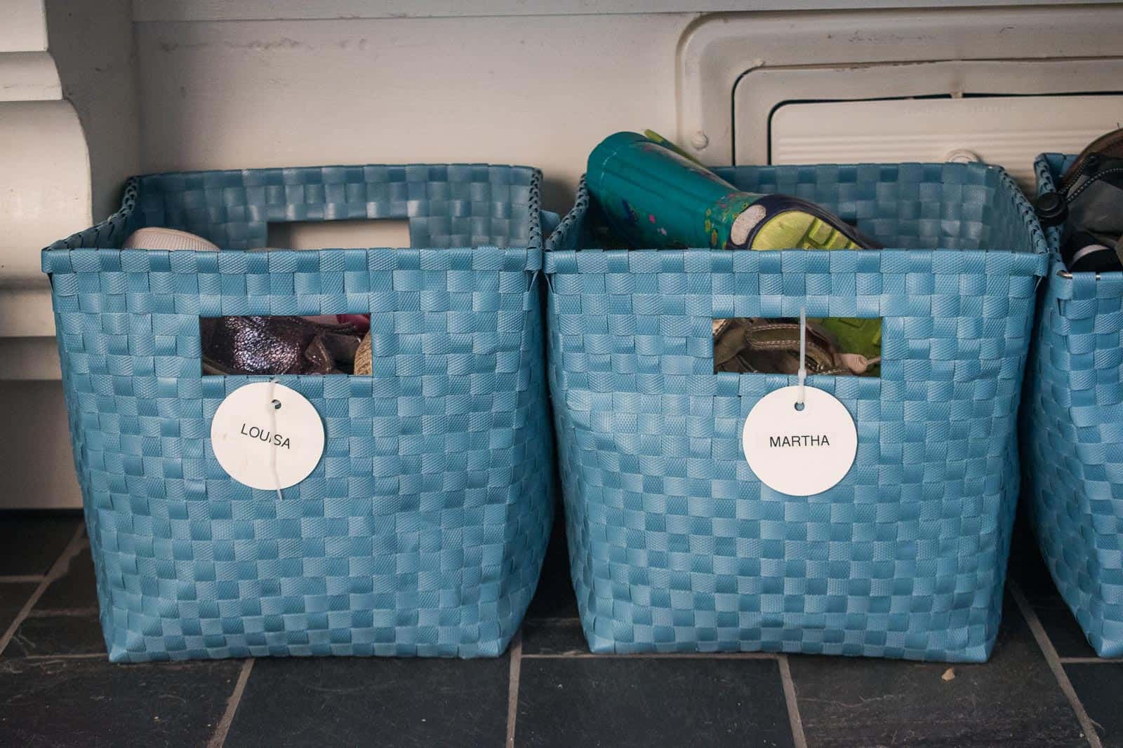 storage bins with labels