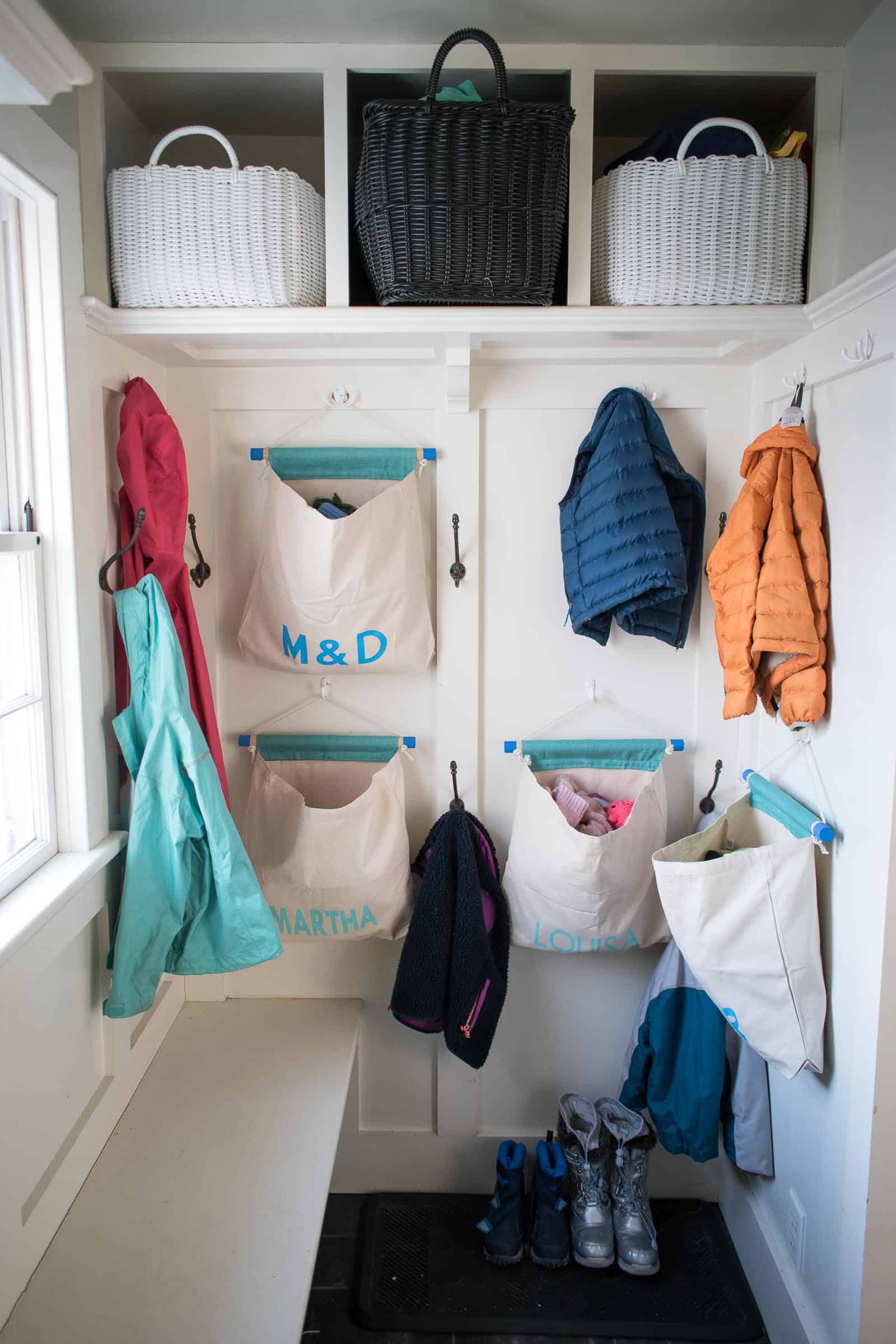 organized mudroom storage bags