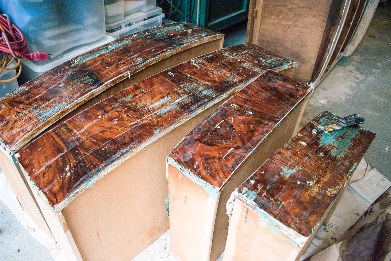 drawer fronts after first round of paint stripping