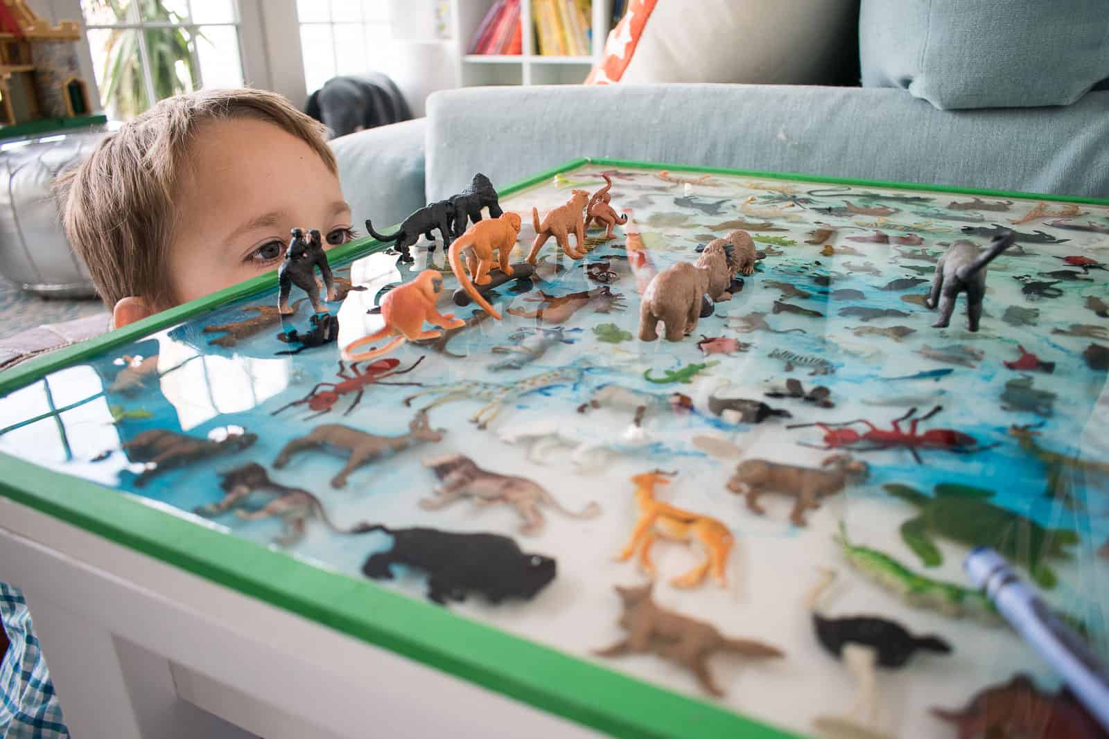 toy animals set into epoxy for table top