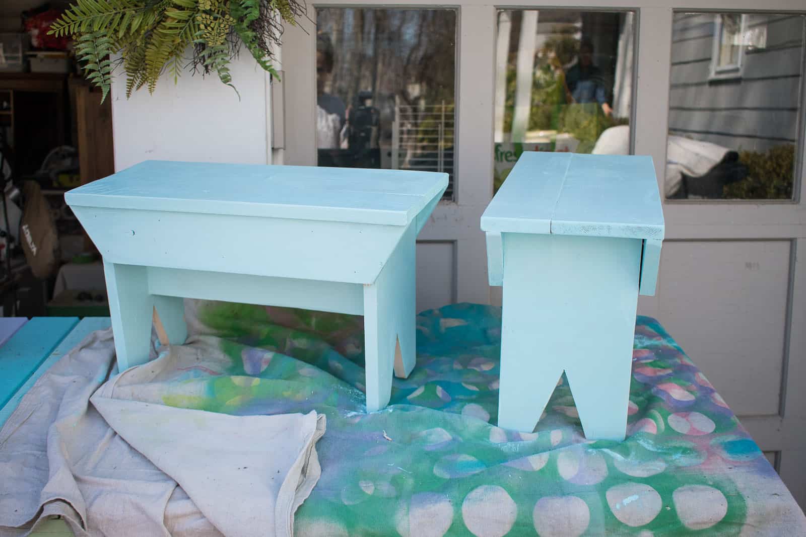 painted wooden benches