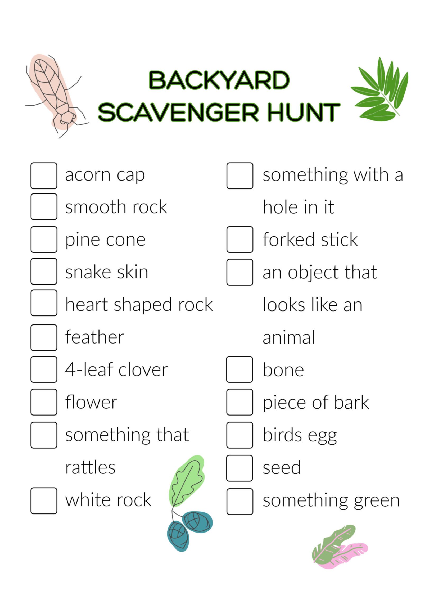 backyard scavenger hunt check list