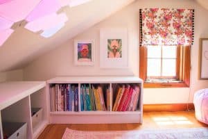 fabric valance in reading nook