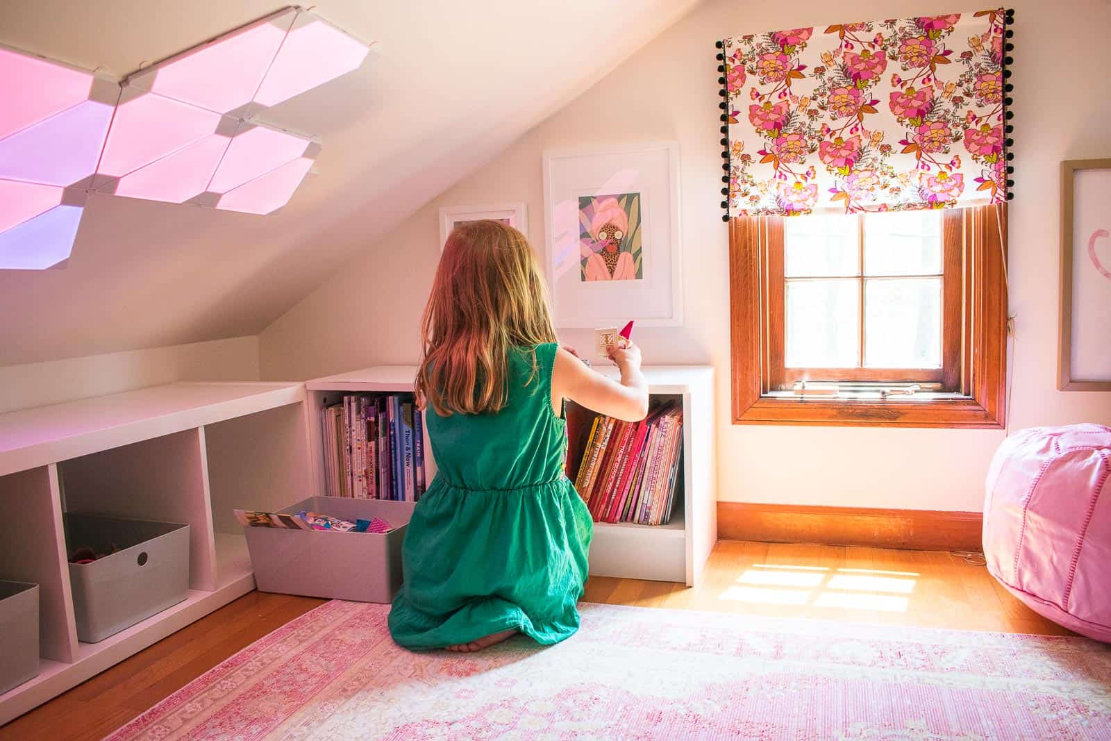 kallax storage bins in reading nook