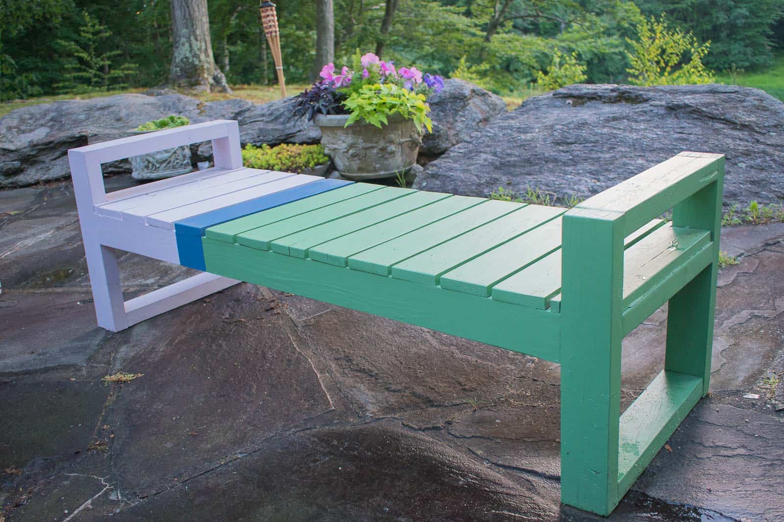 Painted wooden store benches outdoor