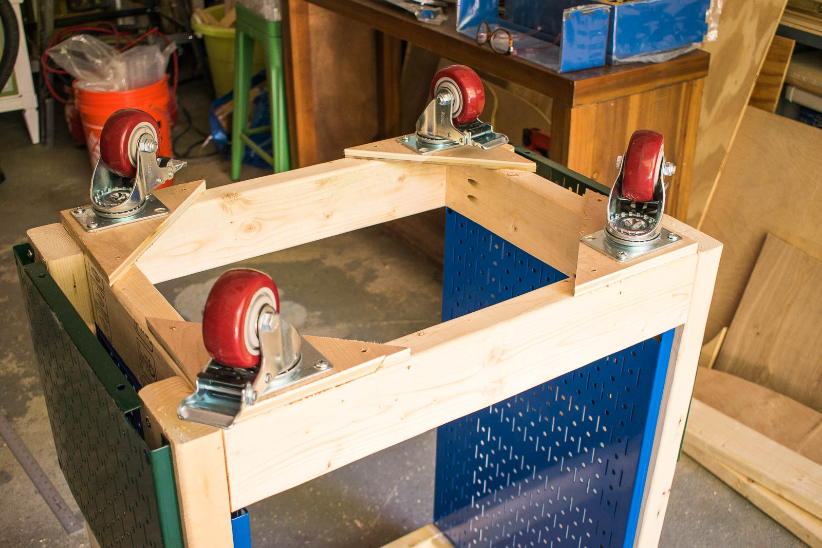 plywood corners on cart for casters