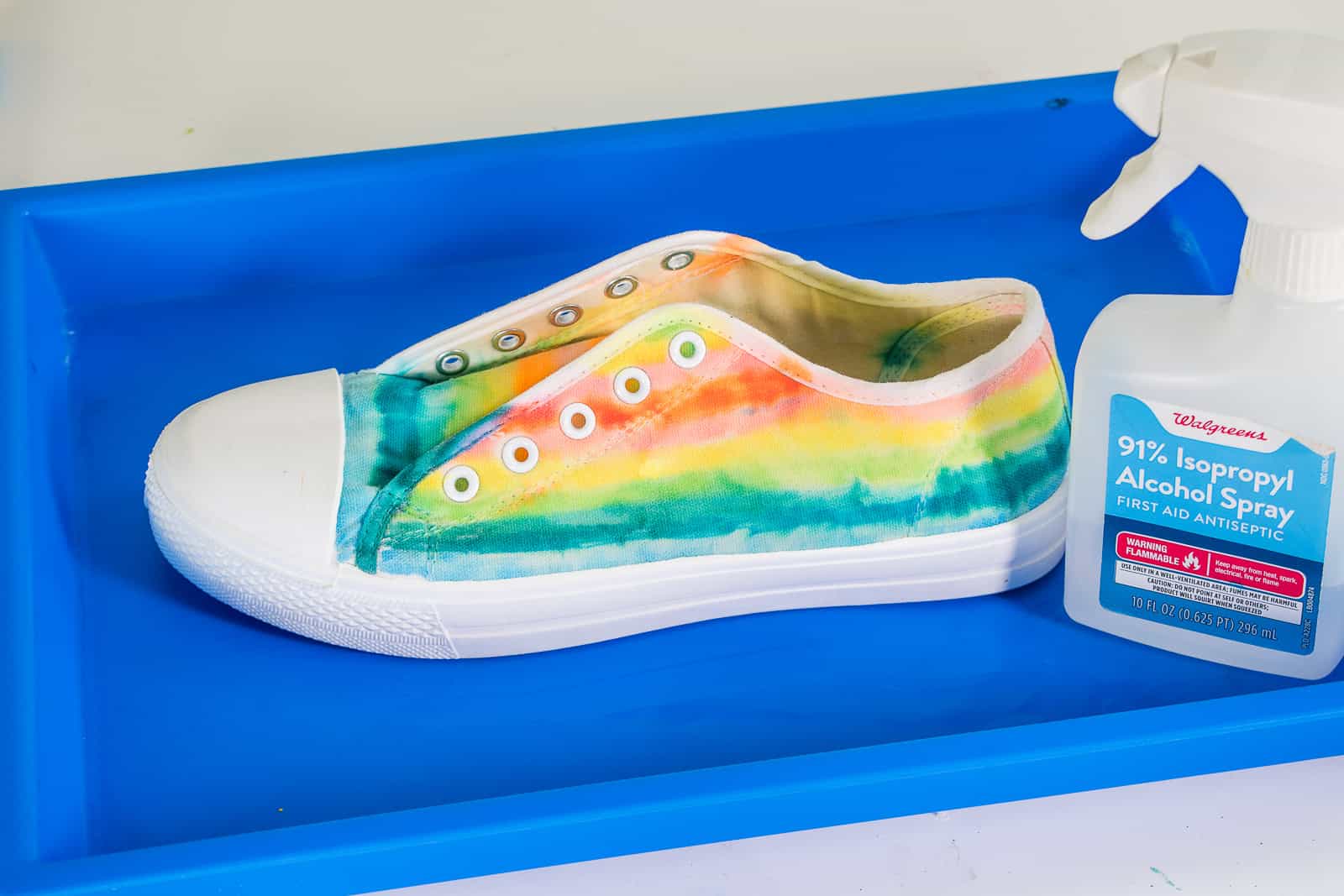 shoes sprayed with rubbing alcohol