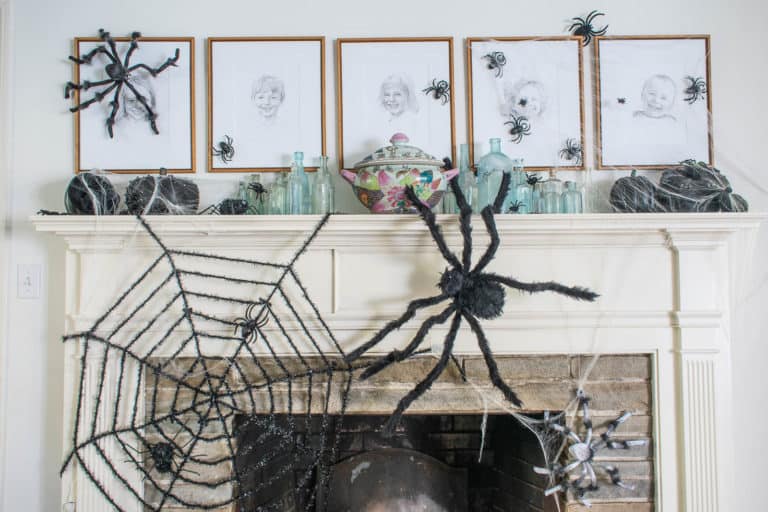 Spider Covered Halloween Mantel