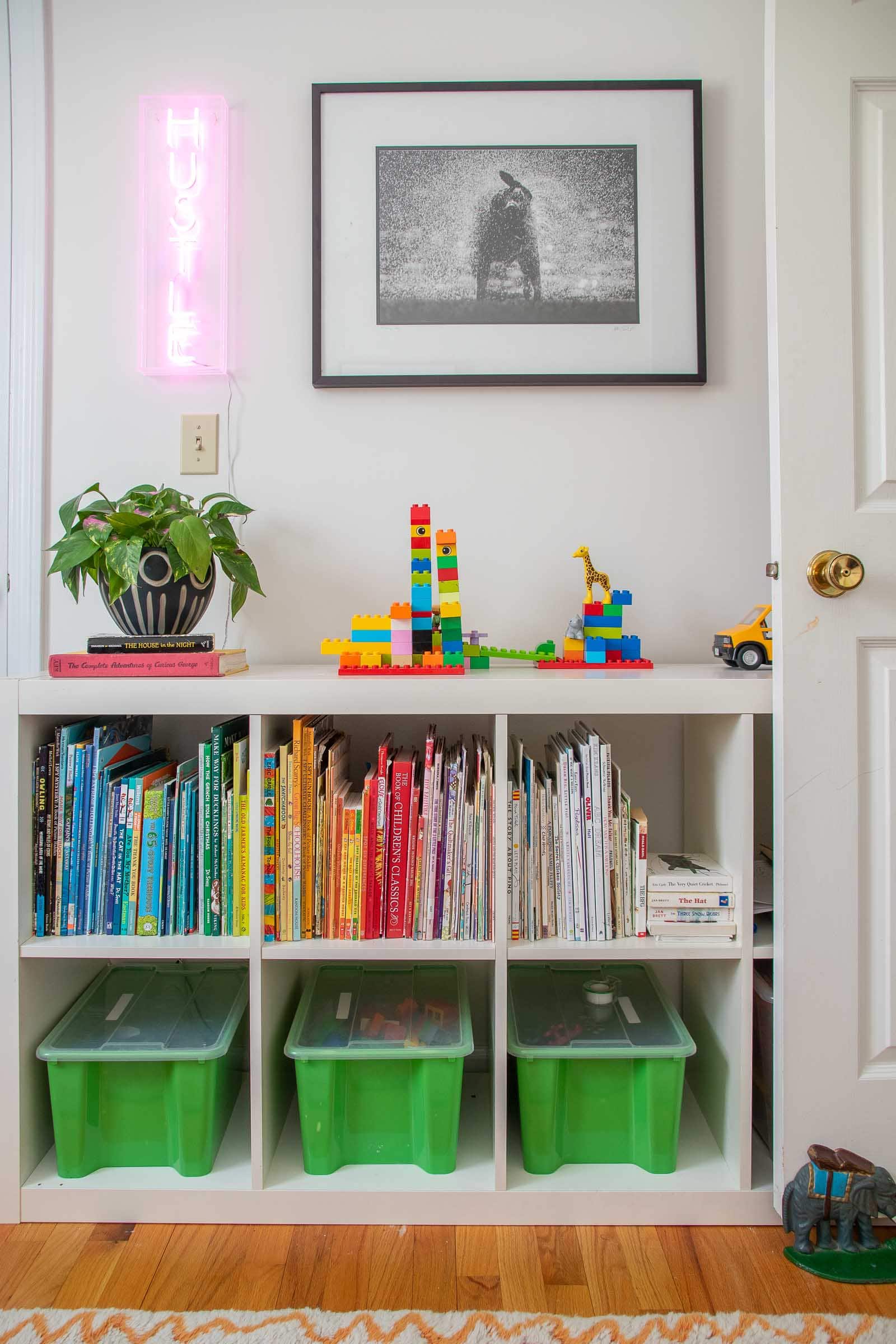 toy bins in boys room