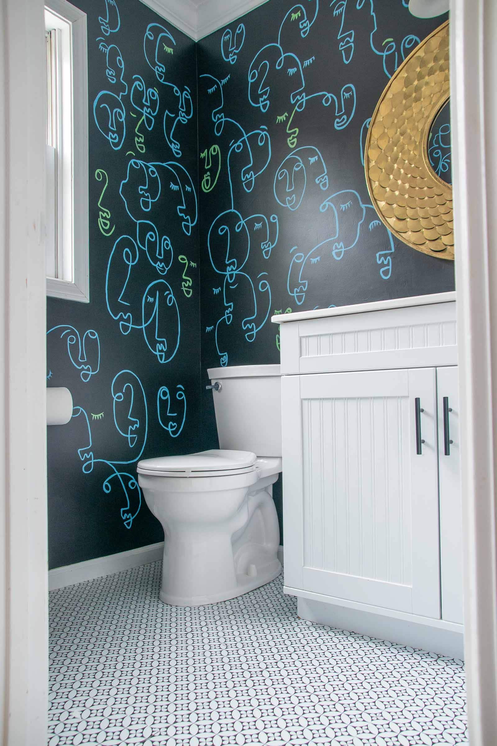 powder room makeover with adhesive tiles