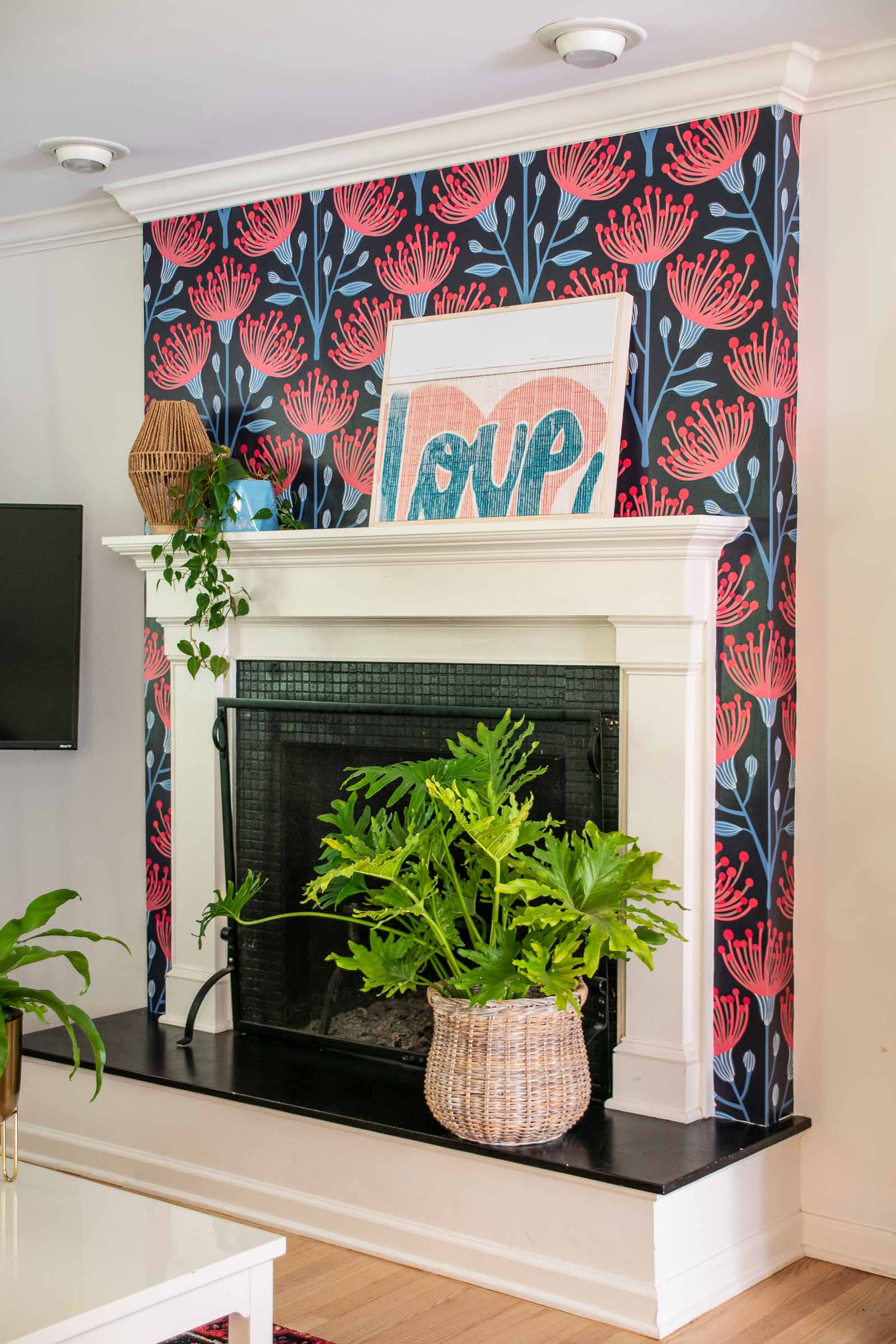 wallpaper around fireplace mantel