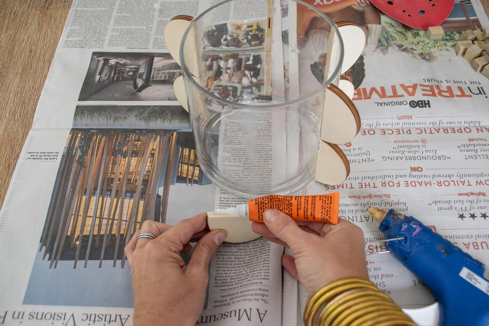 glue shapes onto vase