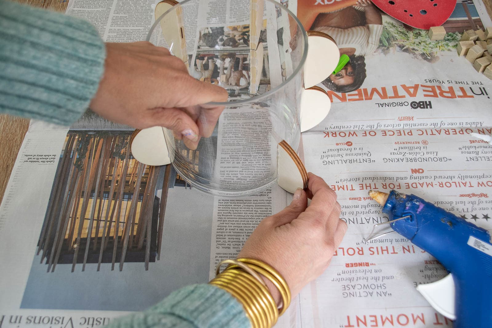 glue shapes onto vase