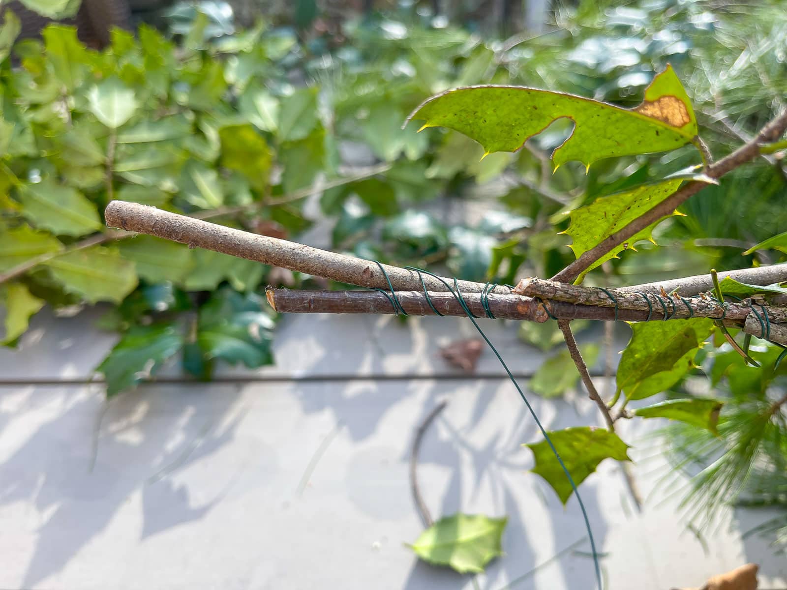 wrap floral wire around evergreen branches