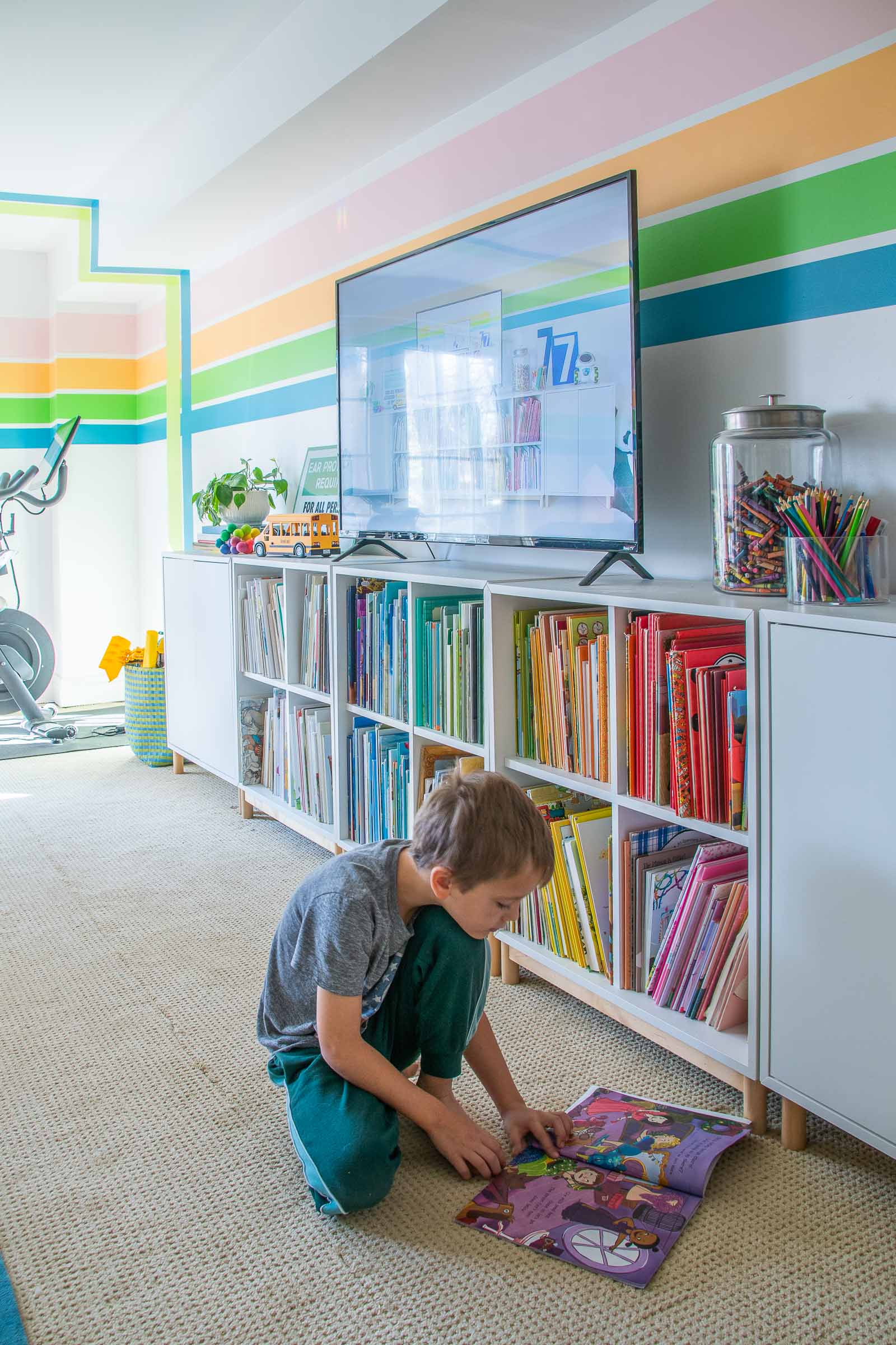 striped basement mural