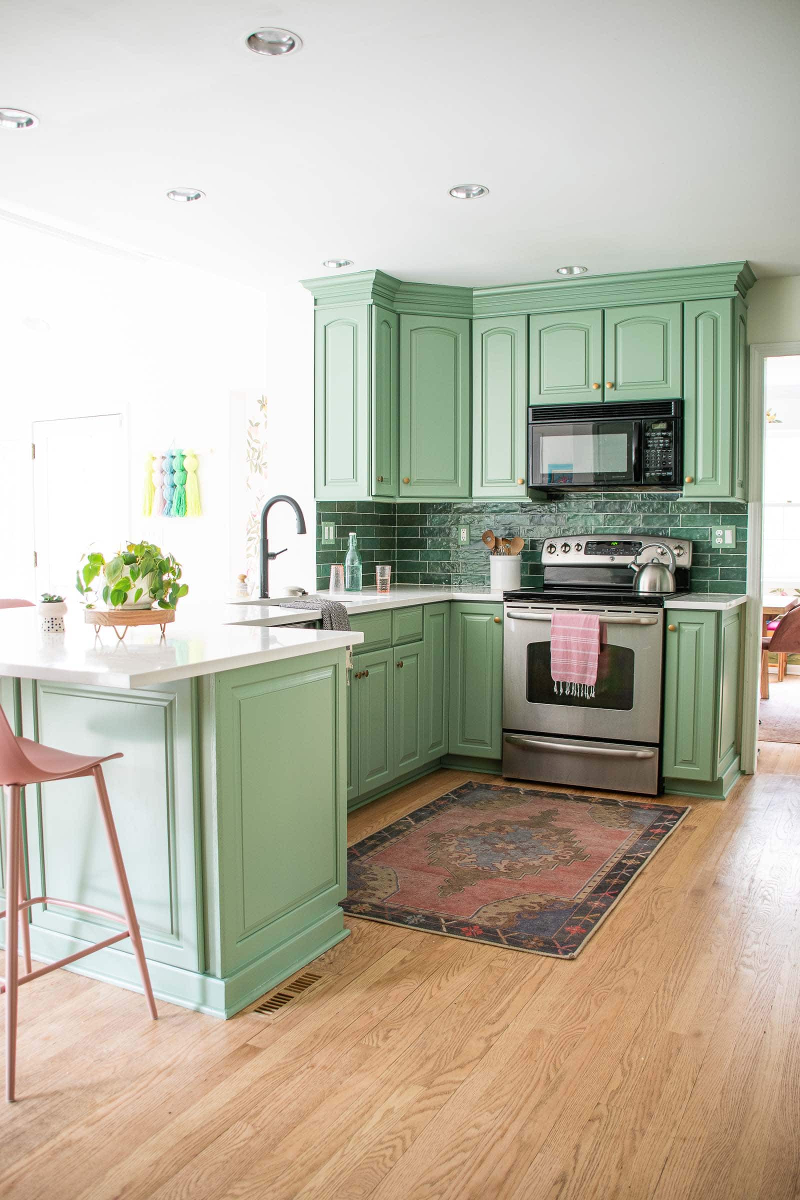 colorful green kitchen makeover reveal