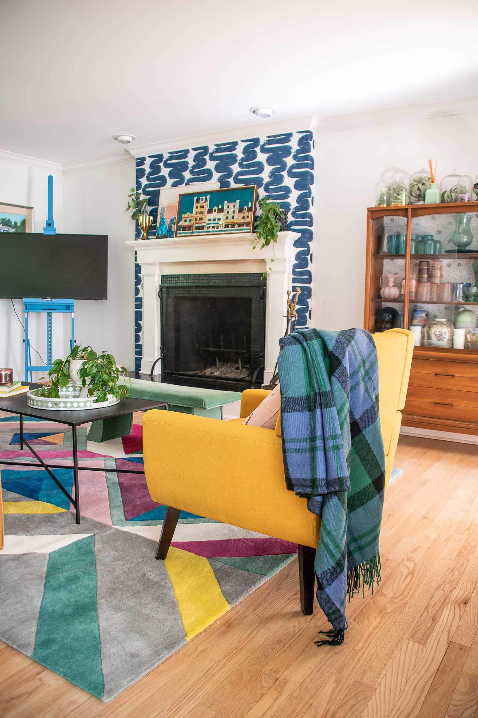 yellow armchairs in family room