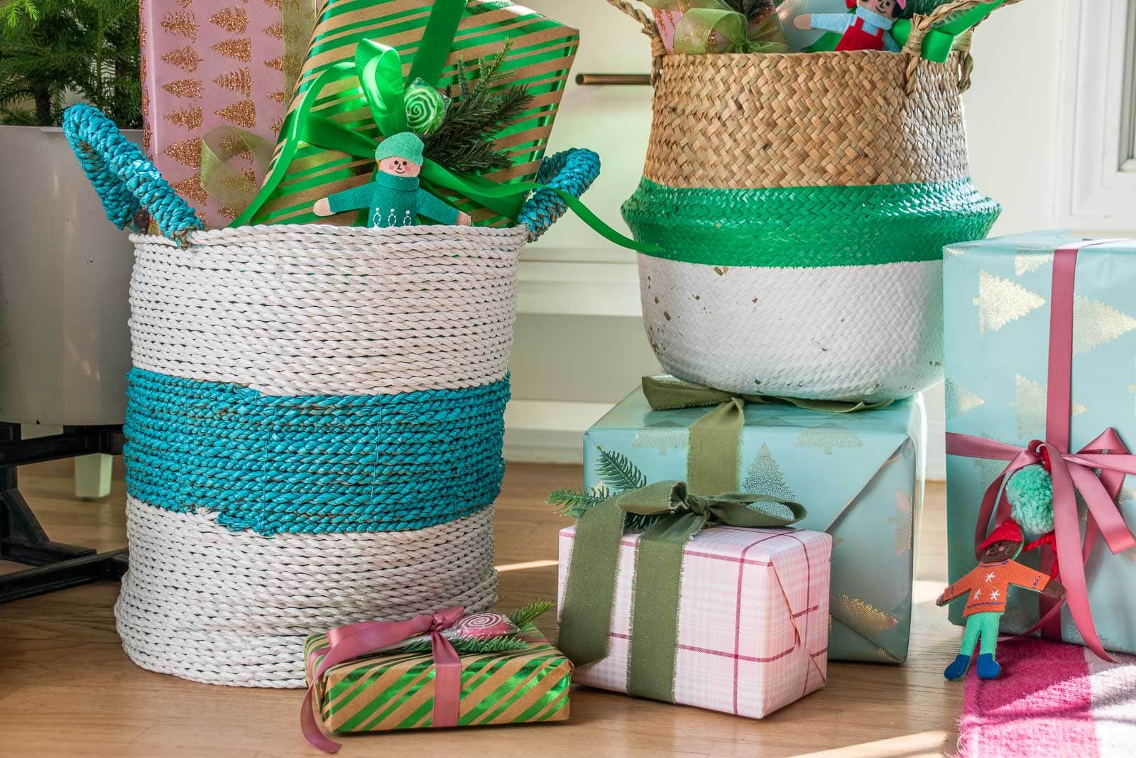 spray painted striped baskets