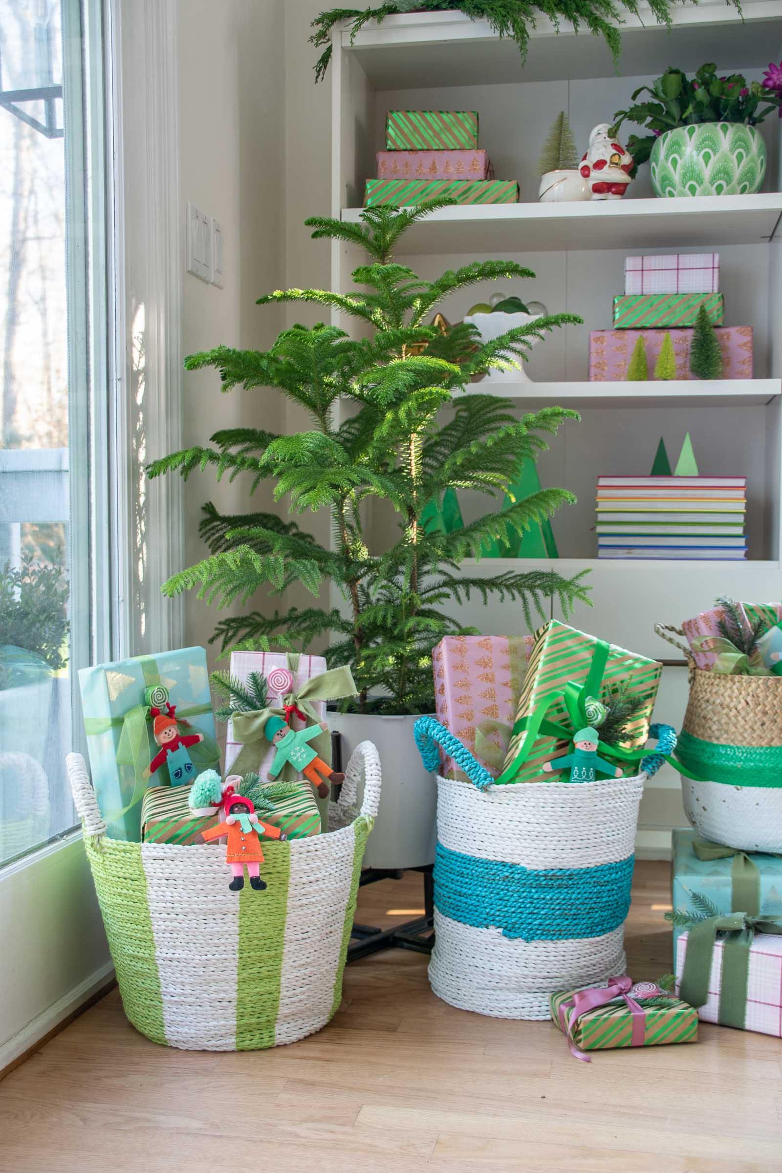 spray painted striped baskets