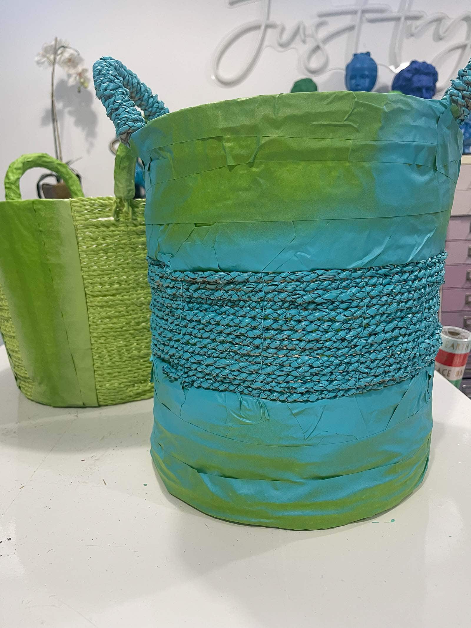 tape pull on spray painted baskets
