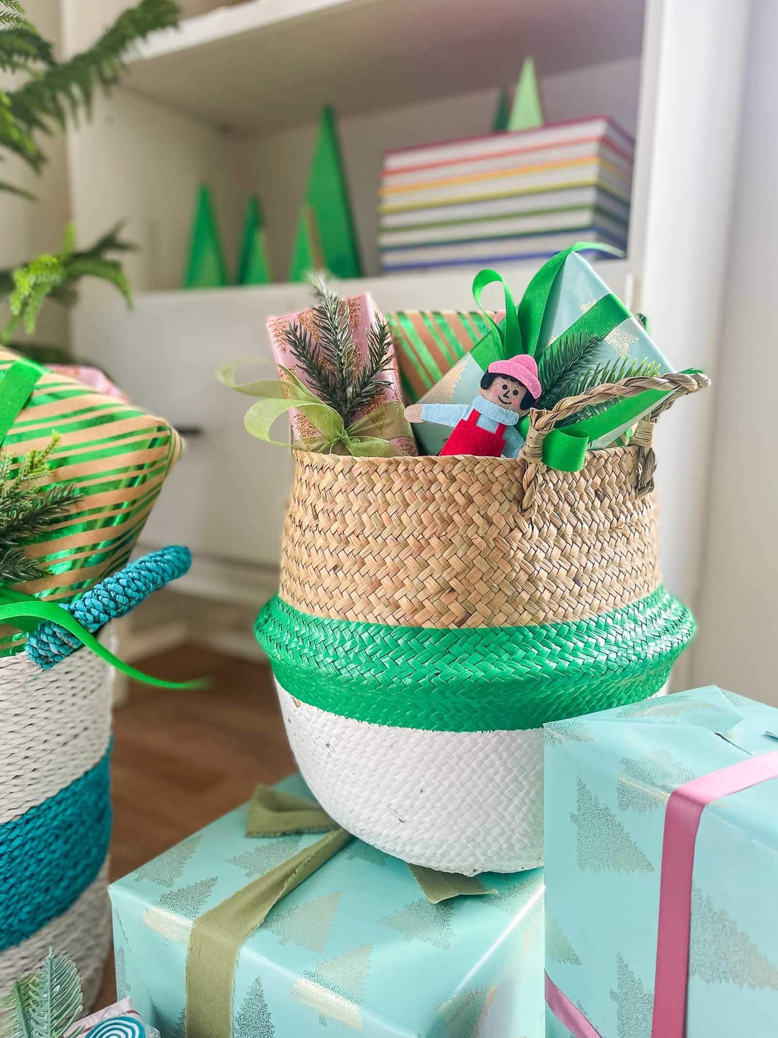 spray painted striped baskets