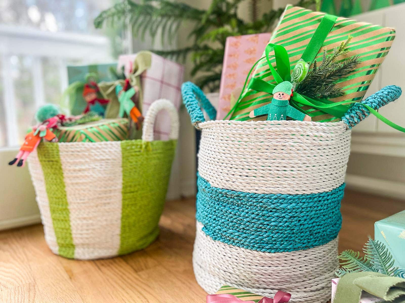 spray painted striped baskets