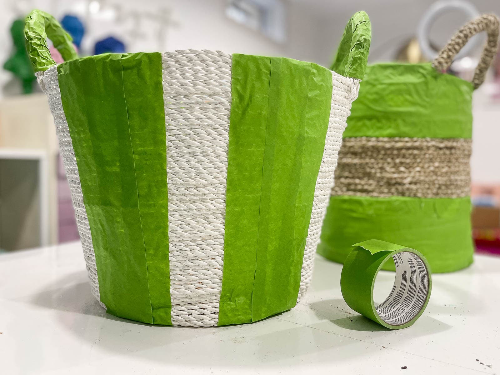 taping off striped baskets with Frogtape