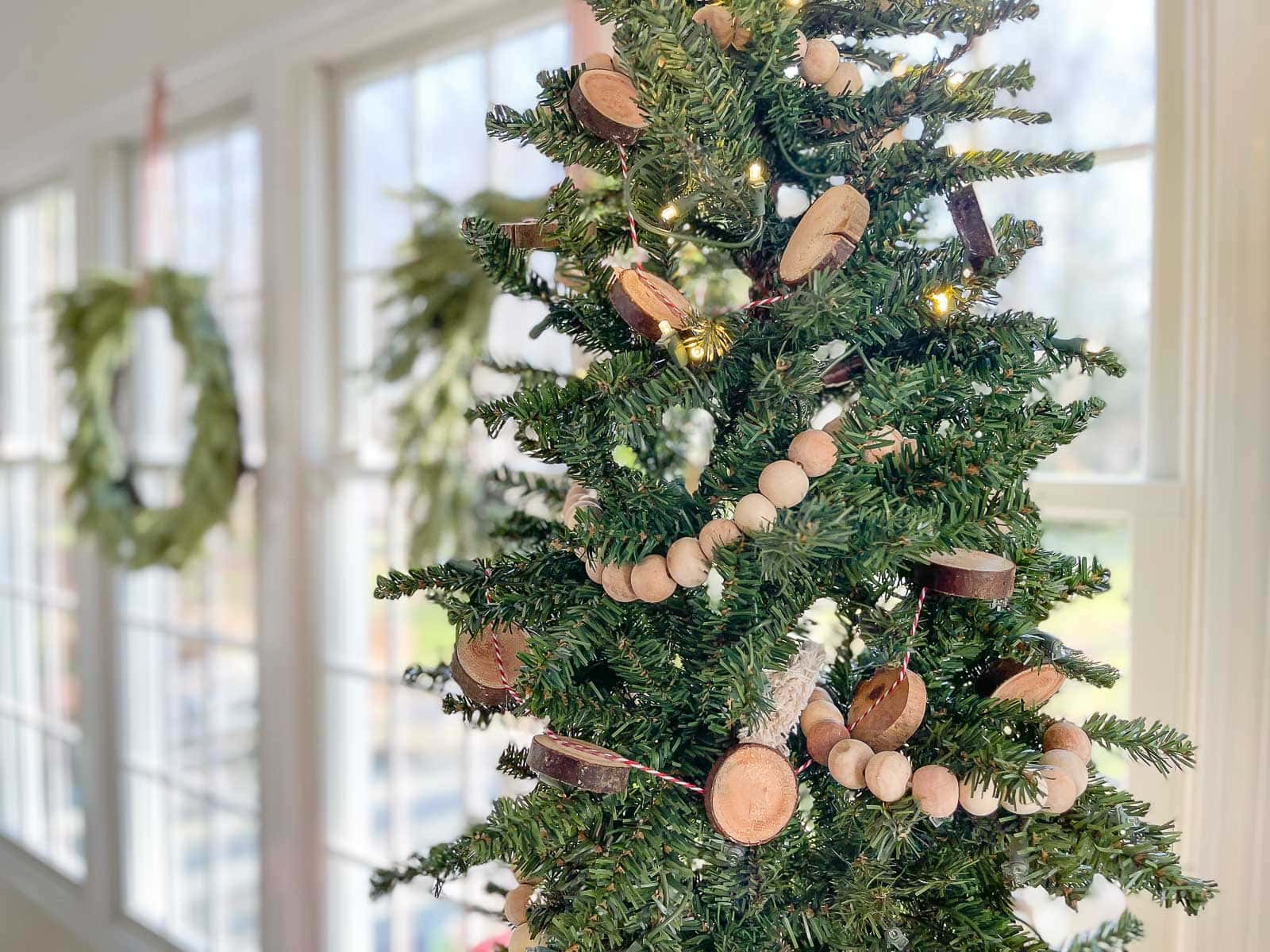 Simple Christmas tree garland created from a wooden bead garland