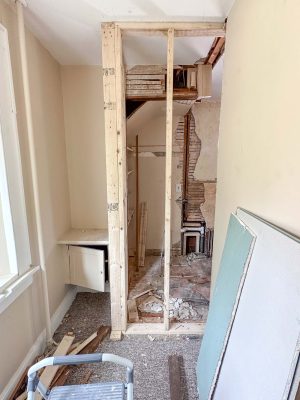 framed space in flip house bathroom