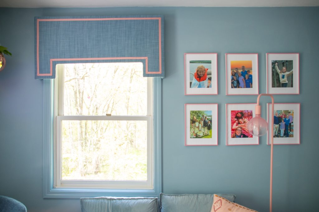 DIY upholstered blue cornice with pink ribbon trim