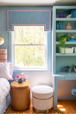 DIY cornice over window with blue upholstery and pink trim