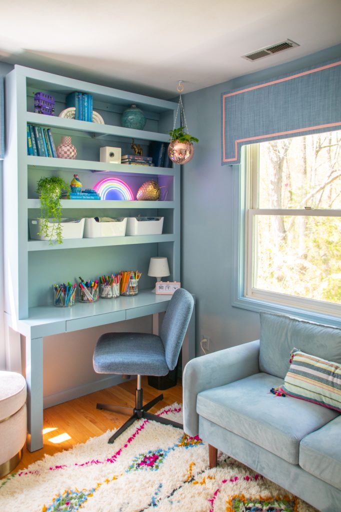 diy blue bookshelf in girls bedroom