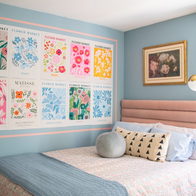 bedroom makeover with colorful art wall above the bed