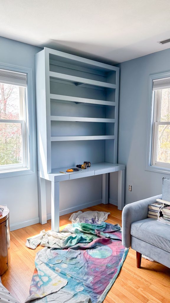 installed DIY desk bookshelf storage