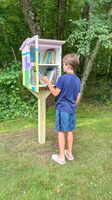 A young boy stands in front of a colorful, small outdoor book exchange library on a wooden post, selecting a book. The library is situated on a grassy area with dense green foliage and trees in the background. He is wearing a blue shirt and blue shorts with sandals.