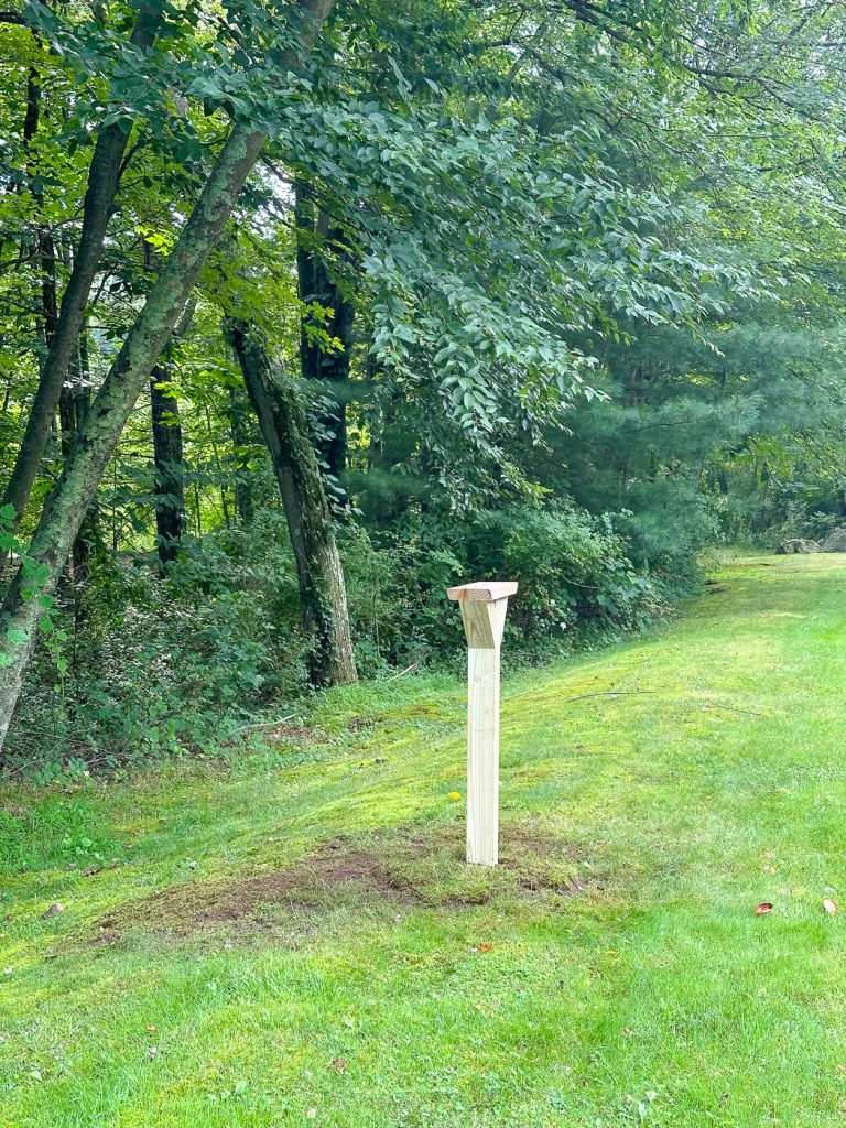 A wooden post stands in a grassy area near a wooded section with trees and bushes. The grass around the post appears to be freshly dug. The background features dense foliage and a partially cloudy sky.