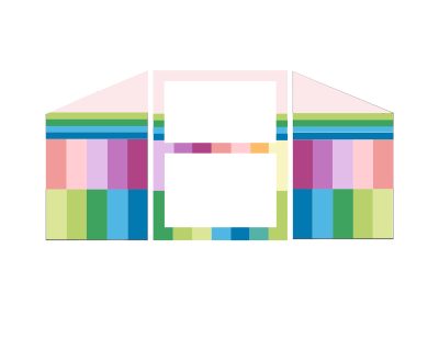 A rectangular structure with a triangular roof, divided into three sections. Each section features vertical stripes in various pastel colors, including pink, green, blue, and purple. The central section has two white spaces resembling windows.