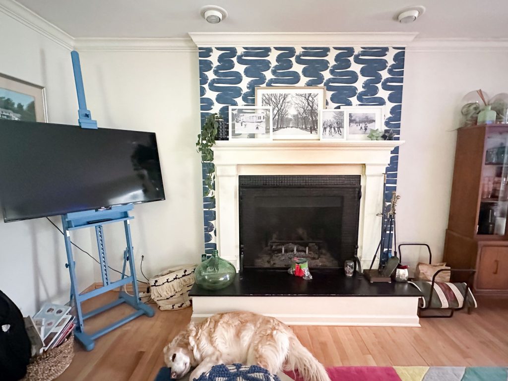 A cozy living room features a fireplace with a modern blue and white patterned backdrop. Framed photos and plants adorn the mantel. A TV is mounted on a blue stand nearby, and a dog relaxes on the floor. A vibrant rug adds color to the wood floor.