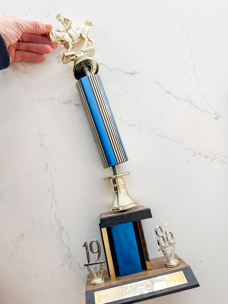 A hand holding a vintage trophy with a gold horse and rider on top. The trophy features blue and gold columns and a wooden base with the year "1986" displayed.