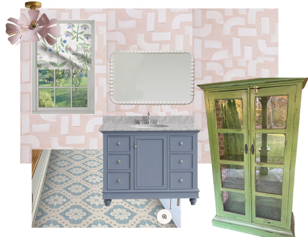 Bathroom design collage showing a pink geometric wallpaper, a window with a floral decal, and a gray vanity with a marble top below a decorative mirror. There's a tiled gray and blue floral floor and a vintage green cabinet to the right.