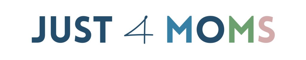 Text logo reading "JUST 4 MOMS" in various shades of blue and green.