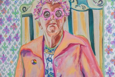 Colorful painting of an older woman wearing pink sunglasses, a floral headpiece, and a pink coat over a patterned shirt. She sits on a decorative chair against a vibrant background with floral patterns.