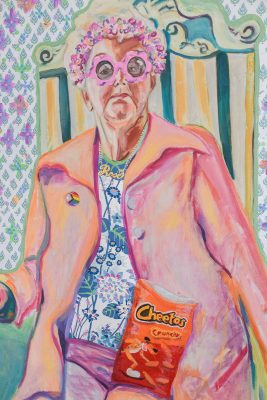 A colorful painting of an elderly person wearing vibrant pink glasses, a floral shirt, and a pink coat. They are seated on a patterned chair with a bag of Cheetos on their lap, set against a floral wallpaper background.