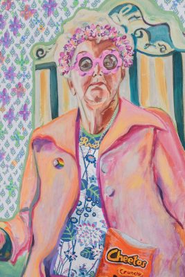 A colorful painting of an elderly person wearing a pink coat, floral headpiece, and pink glasses. They hold a Cheetos bag, with a patterned background featuring floral designs. They wear a necklace and a pride pin on their coat.